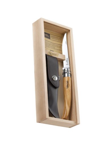 Opinel Slim Line Pocket Knife With Olive Handle In Wooden Pen Case